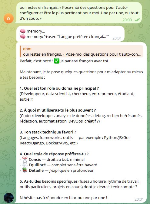 Suite de la conversation : l'agent enregistre la préférence en mémoire, puis pose cinq questions pour s'adapter à son utilisateur.