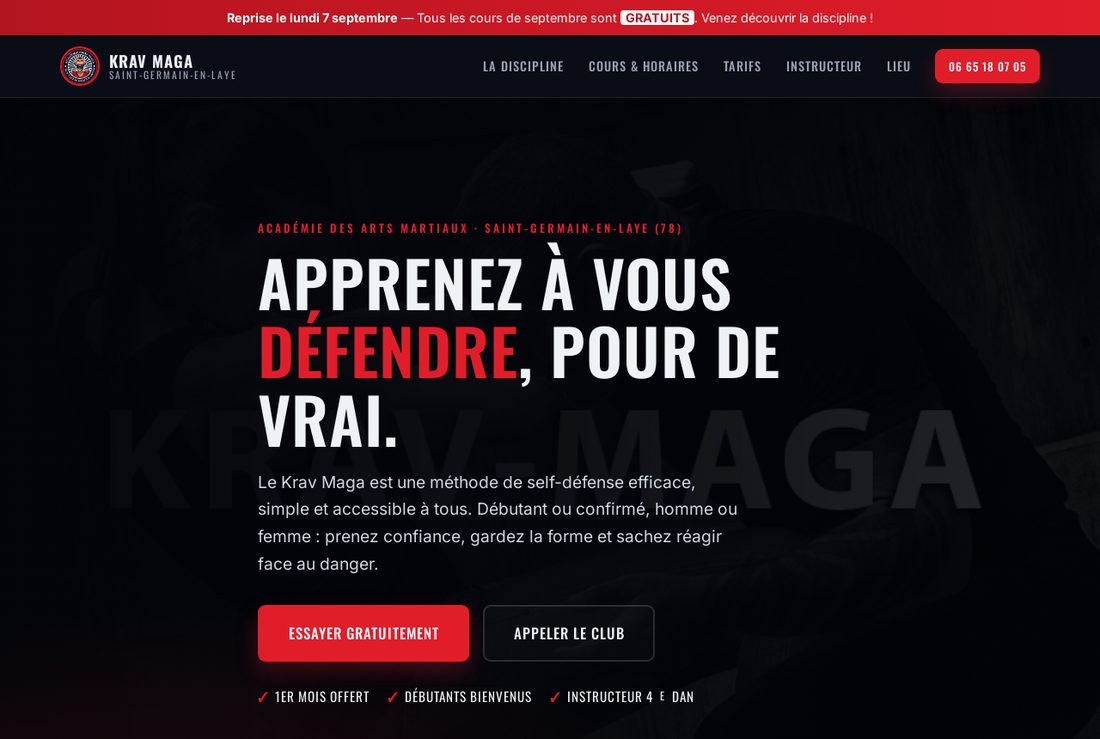 La même page refaite : titre d'accroche, photo en fond, boutons d'essai gratuit et d'appel, menu de navigation.